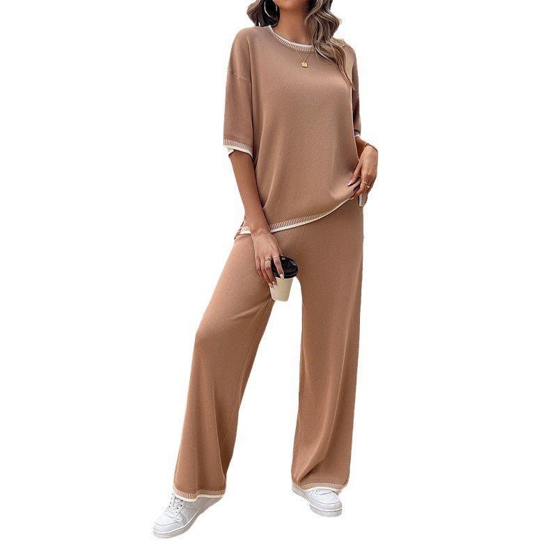 Casual Loose Contrast Color Knitted T-shirt Blouse And Pants 2 - piece Set - MINARA BIUTY