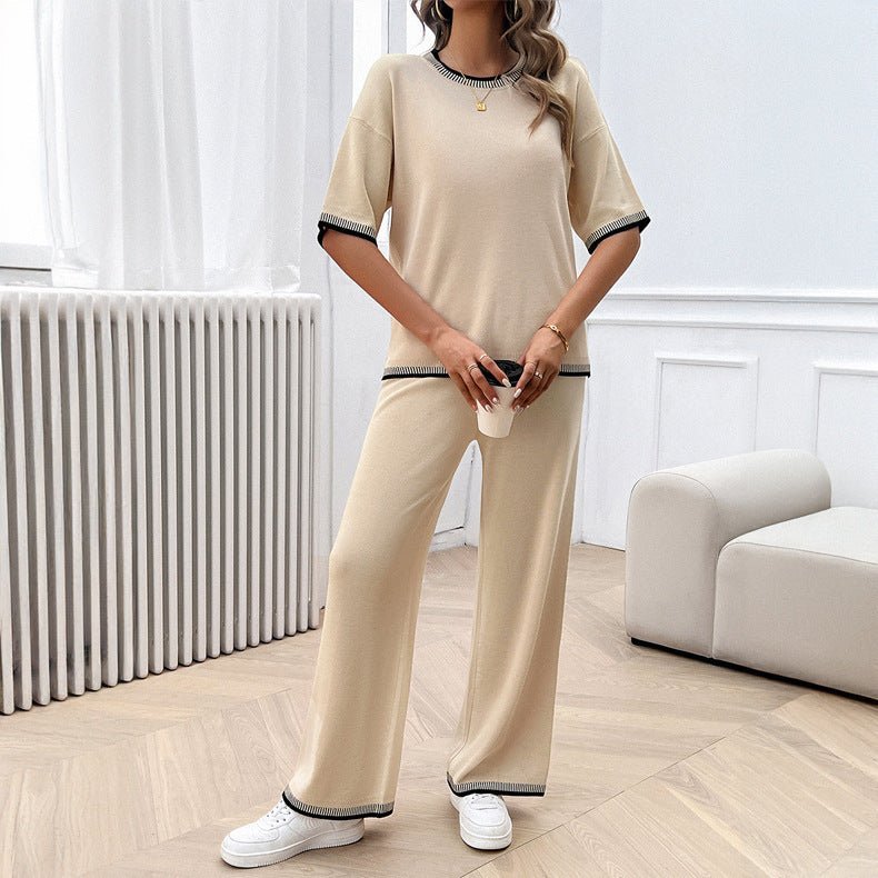 Casual Loose Contrast Color Knitted T-shirt Blouse And Pants 2 - piece Set - MINARA BIUTY
