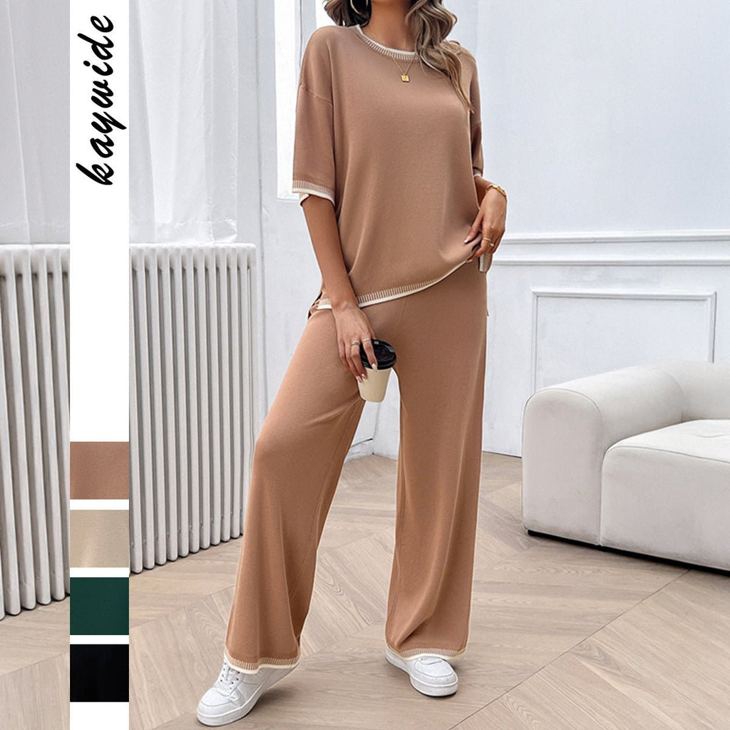 Casual Loose Contrast Color Knitted T-shirt Blouse And Pants 2 - piece Set - MINARA BIUTY