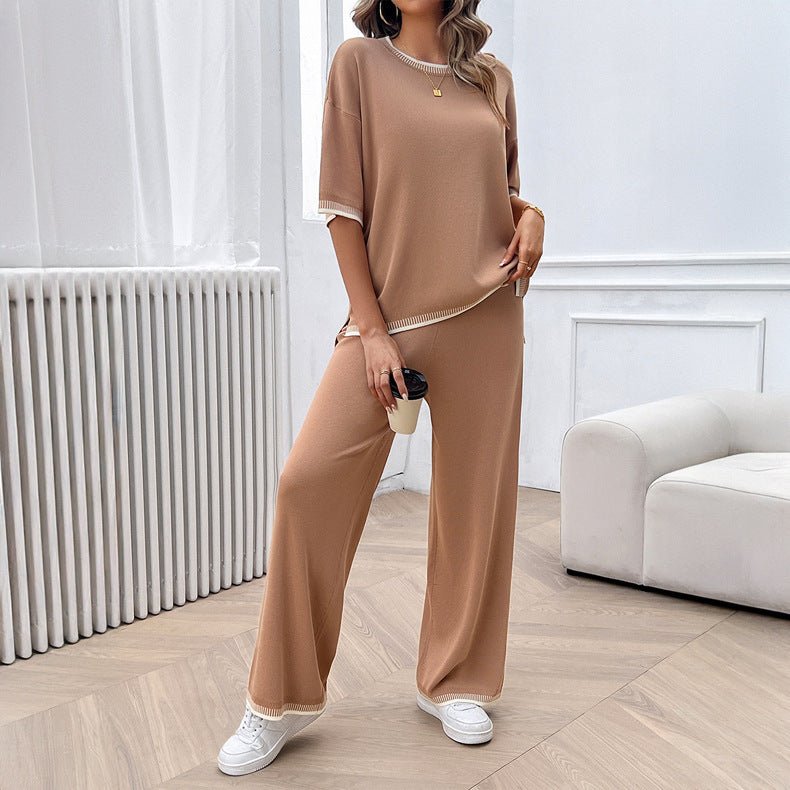 Casual Loose Contrast Color Knitted T-shirt Blouse And Pants 2 - piece Set - MINARA BIUTY