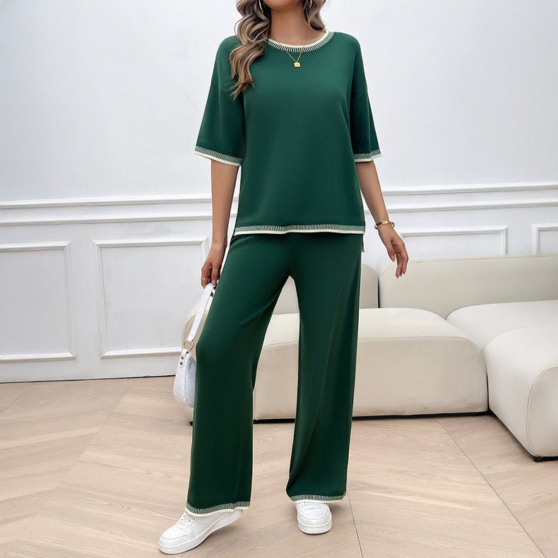 Casual Loose Contrast Color Knitted T-shirt Blouse And Pants 2 - piece Set - MINARA BIUTY