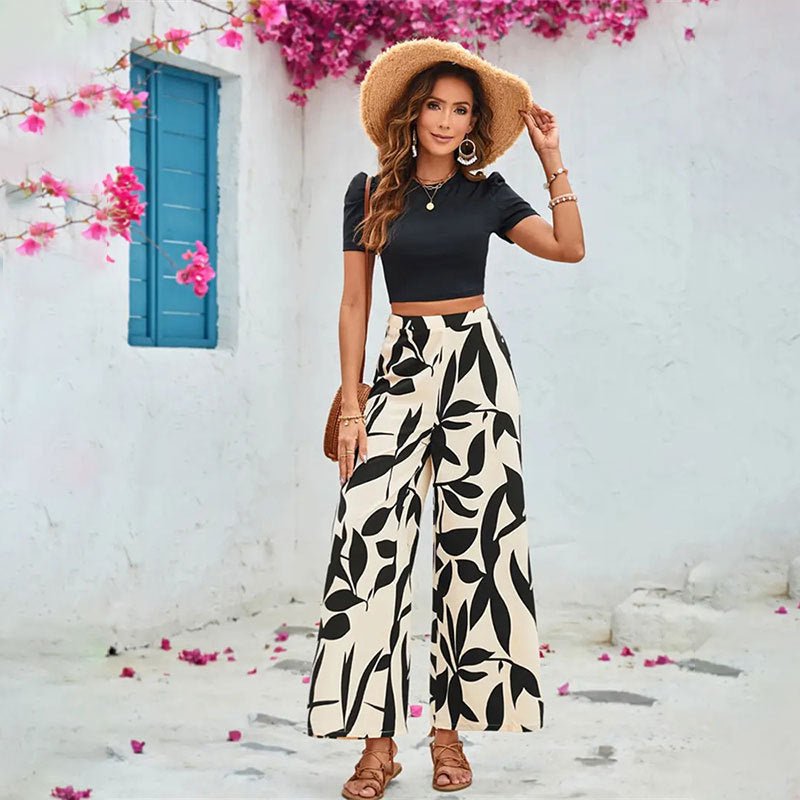 Leaf Printed Casual Cropped T-shirt Blouse And Pants - MINARA BIUTY